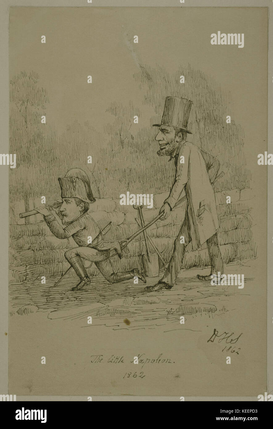 Die Tuschzeichnung „der kleine Napoleon“ von David H. Strother zeigt eine Karikatur Napoleons Bonapartes und hebt seine ikonischen Merkmale mit ausdrucksstarken Linien und künstlerischem Stil hervor. Stockfoto