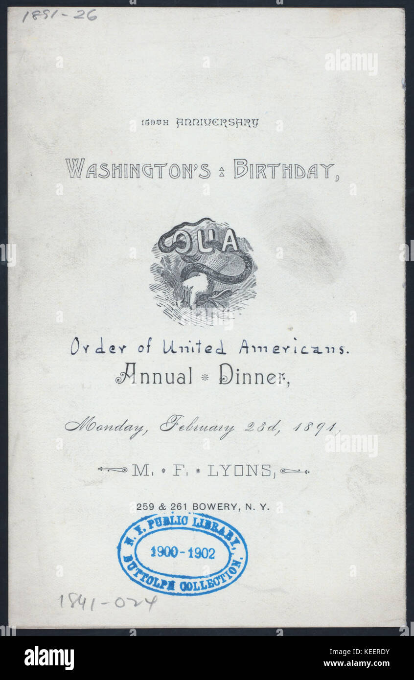Jährliche Abendessen (Besitz) waschen. KAPITEL DES ORDENS DER VEREINIGTEN AMERIKANER (at) LYONS REST. 259 BOWERY, NY (REST ;) (NYPL Hades 269930 4000001452) Stockfoto