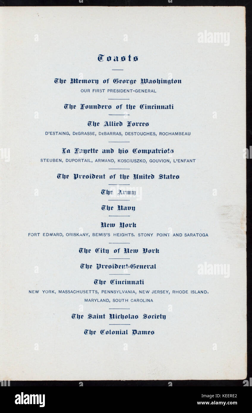 159. JAHRESTAG DER GEBURT VON WASHINGTON (Besitz) DER CINCINNATI IM BUNDESSTAAT NEW YORK, (at) PLAZA HOTEL, NEW YORK (REST ;) (NYPL Hades 269932 4000001463) Stockfoto