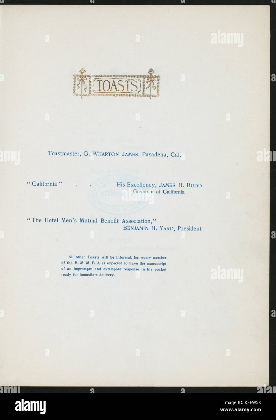 Siebzehnter Jahresbericht Abendessen (Durch) DES HOTEL MÄNNER GEGENSEITIGEN NUTZEN ASSOCIATION DER VEREINIGTEN STAATEN (at) HOTEL DEL CORONADO, San Diego County, CA (warm gehalten ;) (NYPL Hades 270751 4000003712) Stockfoto