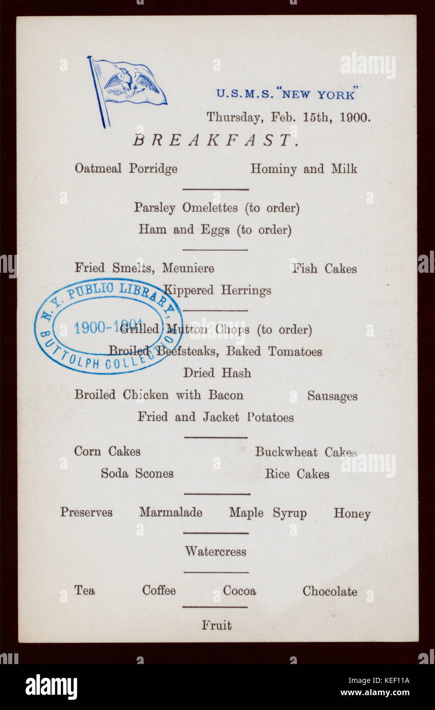 Frühstück (Besitz) U.S.M.S. (At) NEW YORK (SS ;) (NYPL Hades 272793 475761) Stockfoto