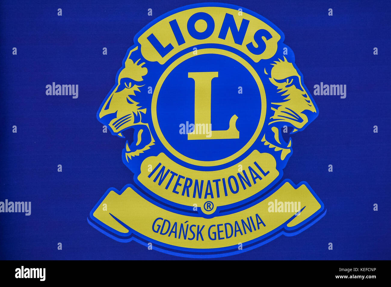 Danzig, Polen. 21 Okt, 2017 Lions International Logo in Danzig, Polen gesehen wird, die am 21. Oktober 2017 Lions Club gedania Danzig, und Lions Clubs International, Wohltätigkeitsorganisation gespendet Gebäude der Neue Garten und Spielplatz für behinderte Kinder, von der Janusz Korczak Waisenhaus in Danzig. Credit: Michal fludra/alamy leben Nachrichten Stockfoto