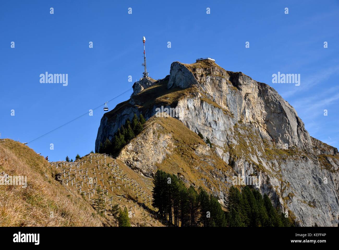 Mt. Hoher Kasten mit der Luftseilbahn, Alpstein, Kanton Appenzell Innerrhoden, Schweiz Stockfoto