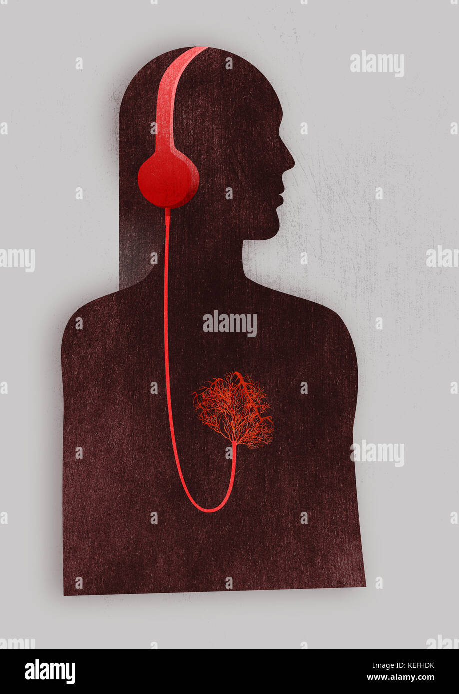 Silhouette einer Frau das Tragen der roten Kopfhörer an den Adern des Herzens verbunden Stockfoto