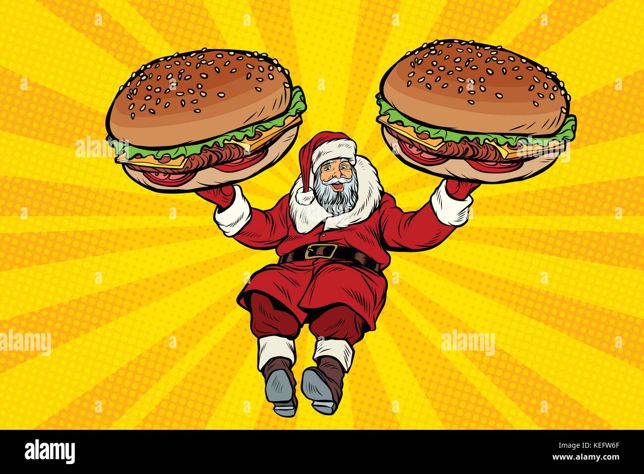 Santa Claus mit zwei Burger, Fast Food Delivery Geschenk Stock Vektor