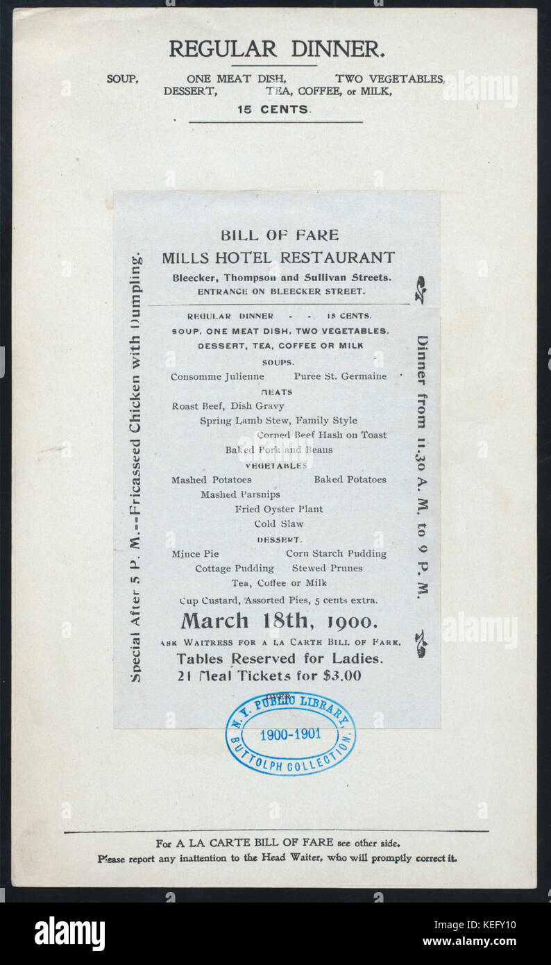 Regelmäßige Abendessen (von) MILLS HOTEL RESTAURANT (at) BLEECKER, Sullivan und Thompson Street; Eingang in der BLEECKER STREET gehalten; (HOTEL ;) (NYPL Hades 273283 466698) Stockfoto