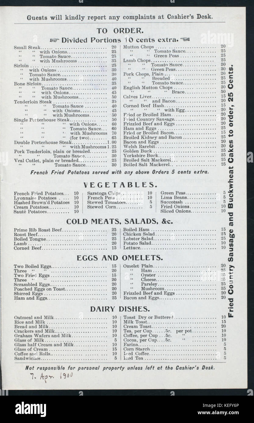 Das Menü des Hamblen's Restaurant & Lunch Rooms, New York, zeigt das Speisenangebot des Restaurants und unterstreicht seine Rolle als Speisesaal im frühen 20. Jahrhundert. Stockfoto