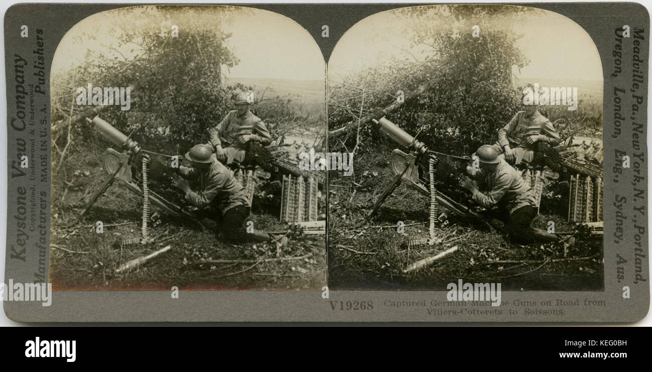 Erfasst Deutsche Maschinengewehre auf der Straße von Villers Cotterets nach Soissons. Stockfoto