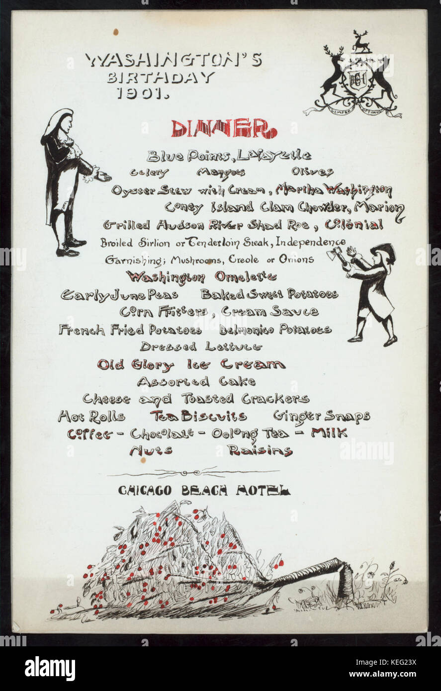 Dieses historische Ereignis, das im Chicago Beach Hotel in Chicago, IL, stattfindet, feiert den Geburtstag Washingtons mit einem formellen Dinner-Treffen. Das Foto fängt die Atmosphäre und die Umgebung dieses bemerkenswerten Anlasses ein. Stockfoto