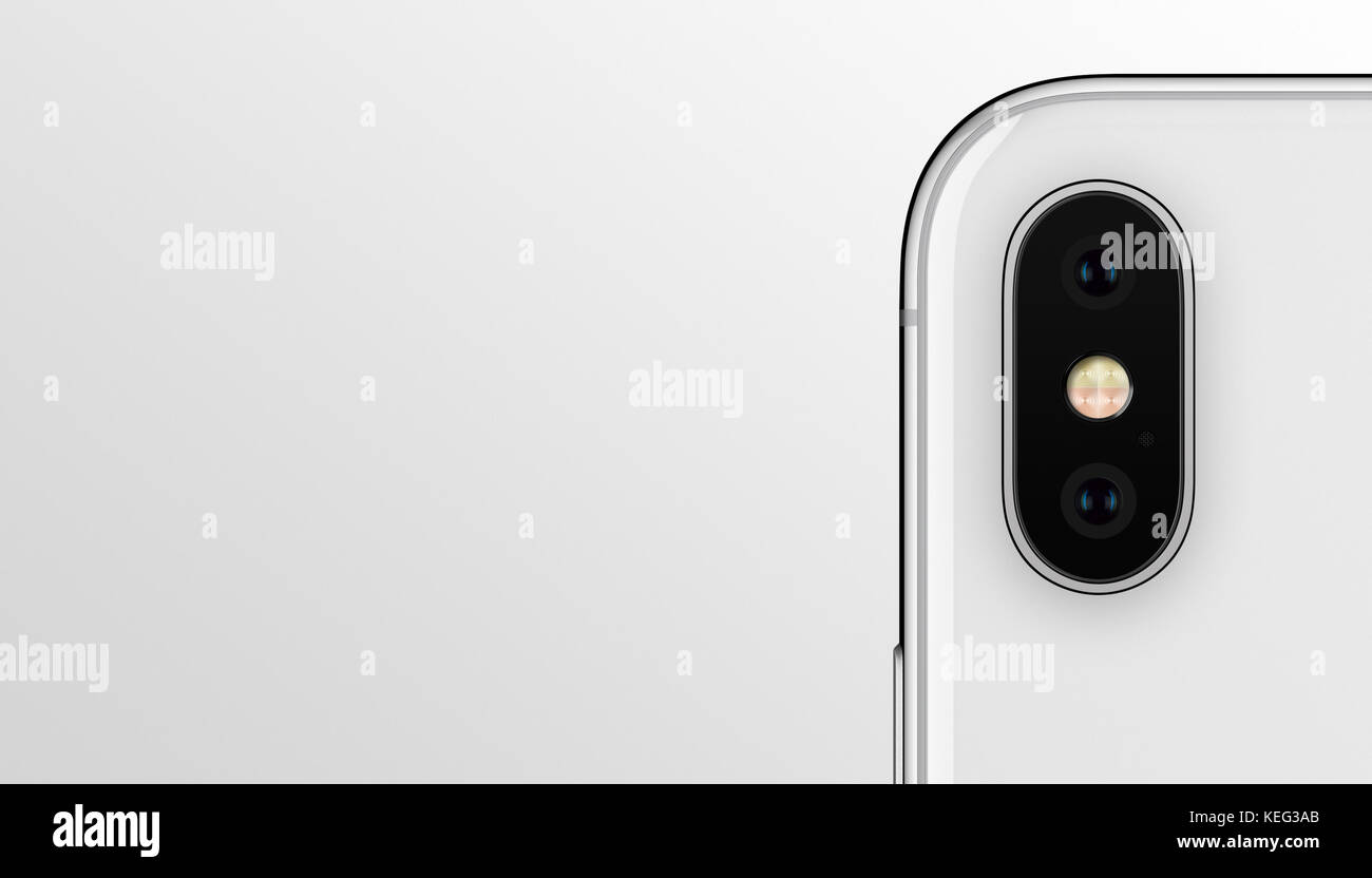 Closeup white smartphone Dual Camera Modul ähnliche X auf grauem Hintergrund mit dem iPhone. Banner mit Copyspace. Stockfoto