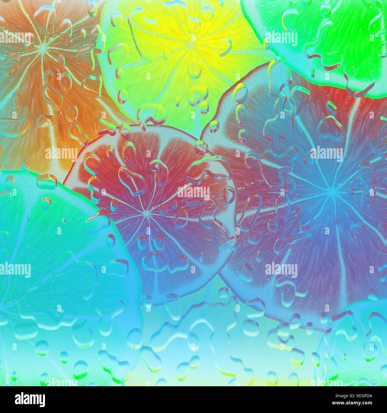 Bunten Hintergrund aus gestapelten Citrus Schichten unter Wasser Stockfoto