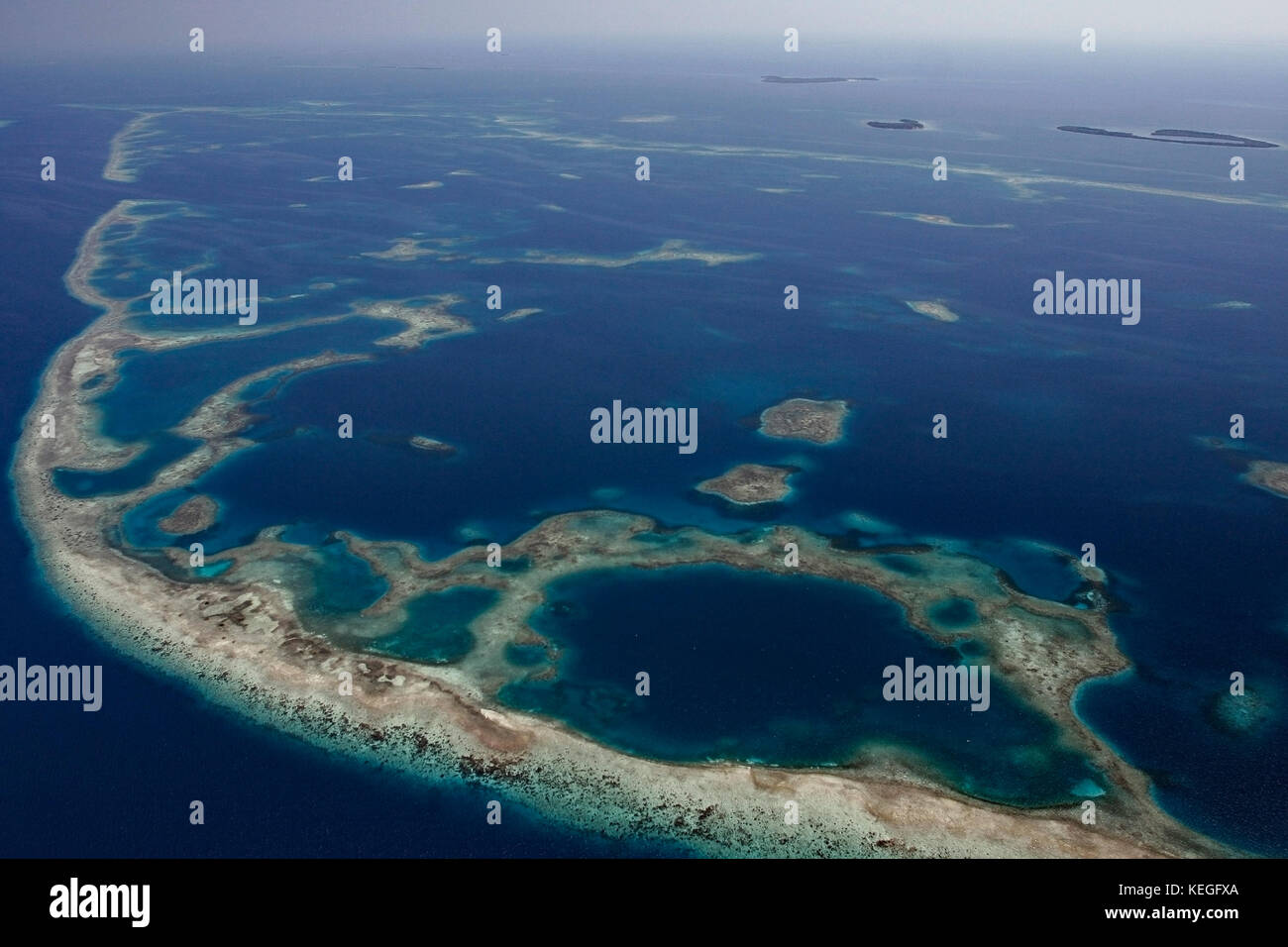 Luftbild von Süden von Belize Barrier Reef in der Nähe von Placencia, Belize, Central America (Karibik) Stockfoto