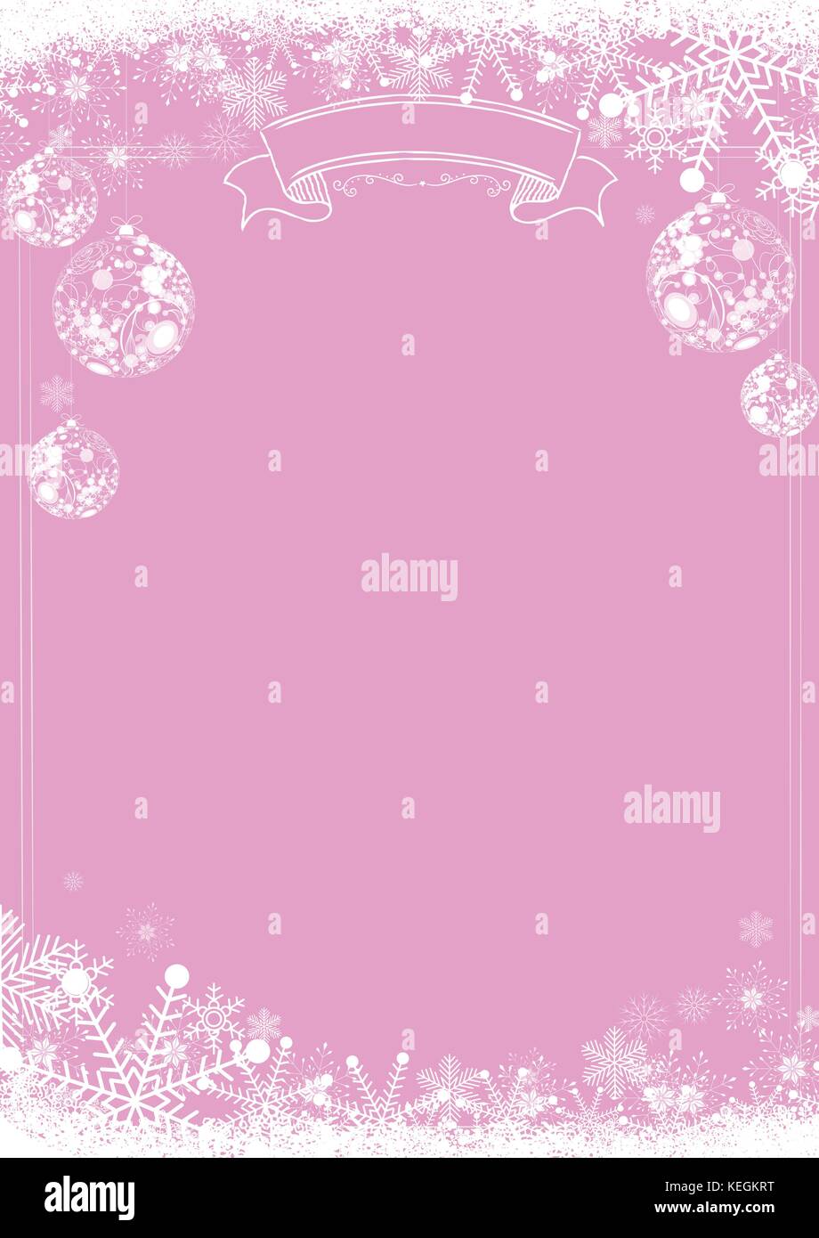 Format A3 Vertikale cafe Menü Classic Pink winterchristmas Hintergrund mit Schneeflocken und Xmas ball Grenze Stock Vektor
