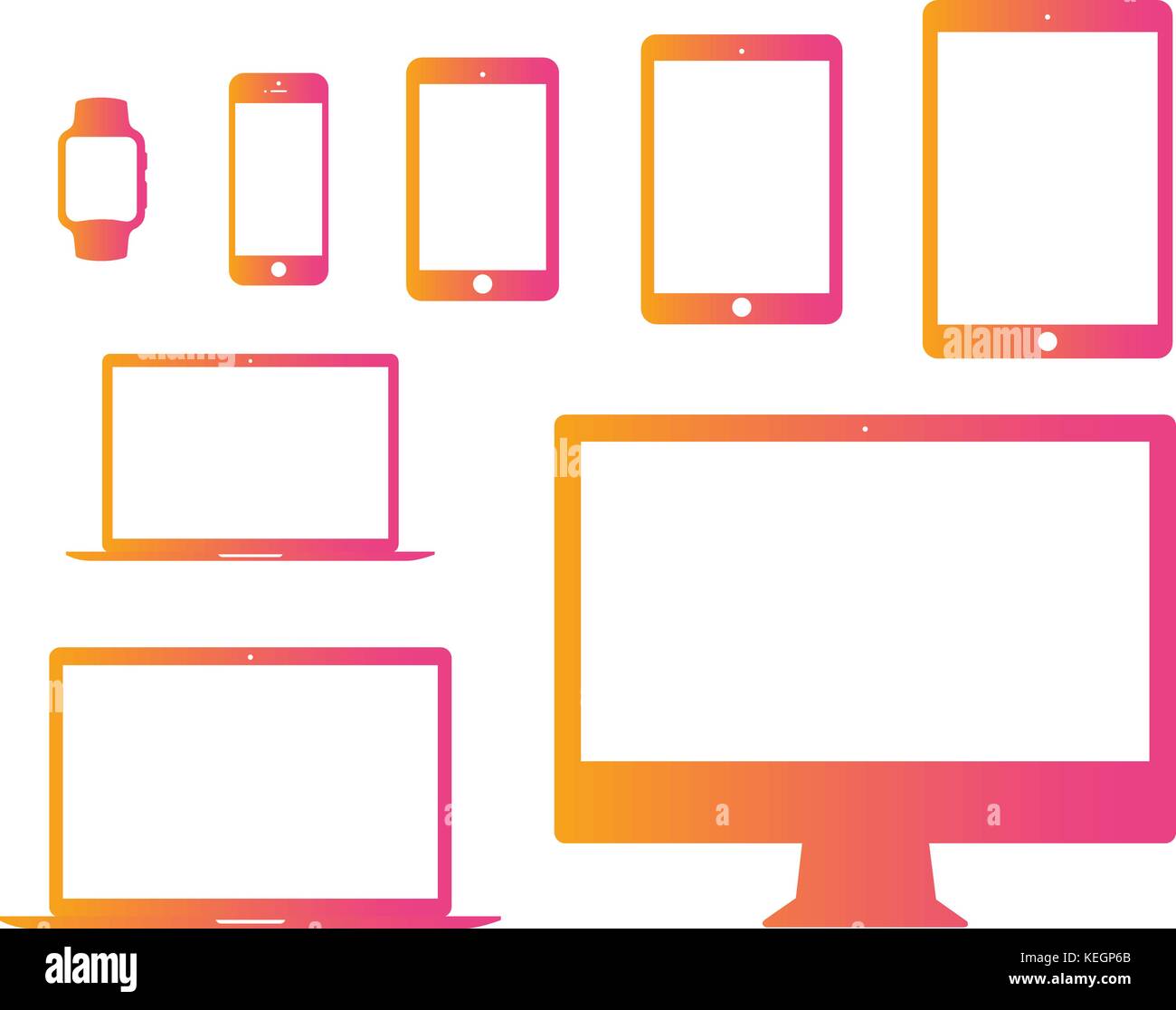 Der farbverlauf Rosa und Orange Handy, Tablet-PC, Laptop, Computer, Watch flachbild Icon Set Stock Vektor