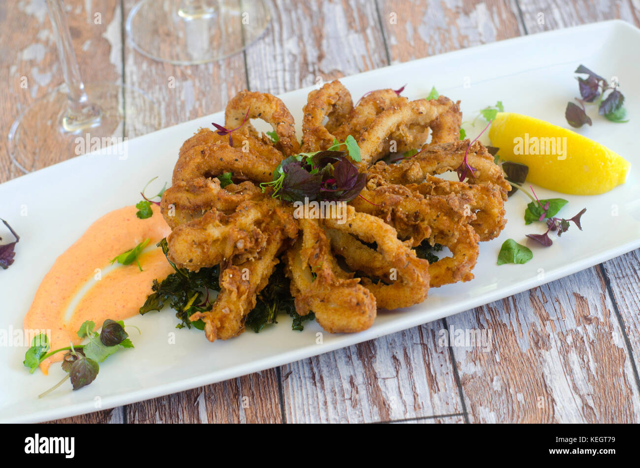 Frittierte chili Tintenfisch mit knusprigen Grünkohl und rotem Pfeffer und Zitrone Remoulade Stockfoto