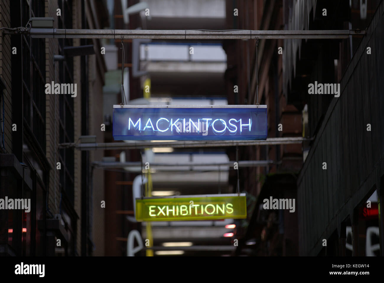 Mackintosh Ausstellungen Neonlicht Leuchtturm Mitchell, lane Glasgow Stockfoto