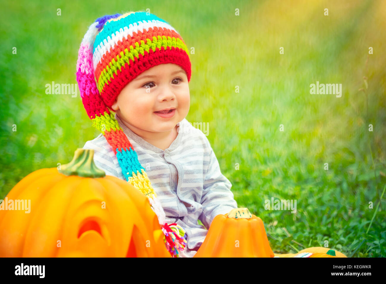 Kleines hübsches Kind sitzen auf der grünen Wiese in der Nähe von zwei süße Kürbisse mit geschnitzten Gesichtern, spielen mit festlicher Dekoration, feiern Halloween Holi Stockfoto