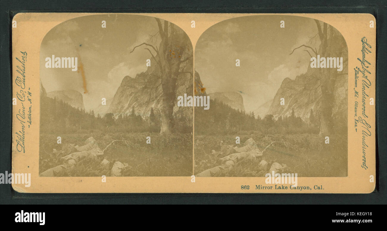 Stereoskopischer Blick auf den Mirror Lake Canyon, Kalifornien, von Littleton View Co., mit Blick auf Felsformationen und die natürliche Landschaft des amerikanischen Westens. Stockfoto