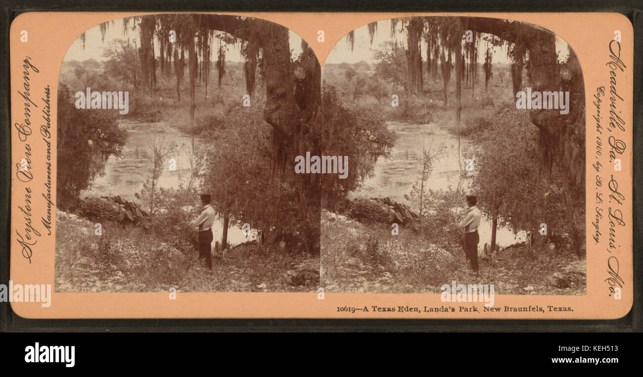 Dieses Bild zeigt den Landa's Park in New Braunfels, Texas, der die Landschaft und die natürliche Schönheit des Parks, wie sie Benjamin Lloyd Singley vorstellte, einfängt. Stockfoto
