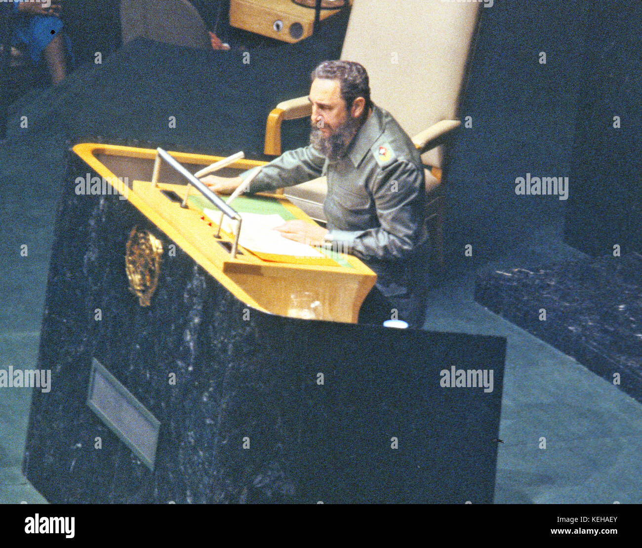 Präsident Fidel Castro Kuba befasst sich die Generalversammlung der Vereinten Nationen in New York City am 15. Oktober 1979.  Castros Rede diskutiert die Diskrepanz zwischen der Welt reichen und die Armen der Welt. Bildnachweis: Arnie Sachs / CNP /MediaPunch Stockfoto