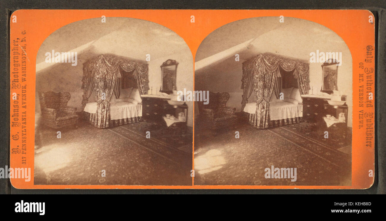 Dieses Kunstwerk von N.G. Johnson zeigt Martha Washingtons Schlafkammer und hebt die Inneneinrichtung und Einrichtung des Hauses der First First Lady Amerikas aus dem 18. Jahrhundert hervor. Stockfoto