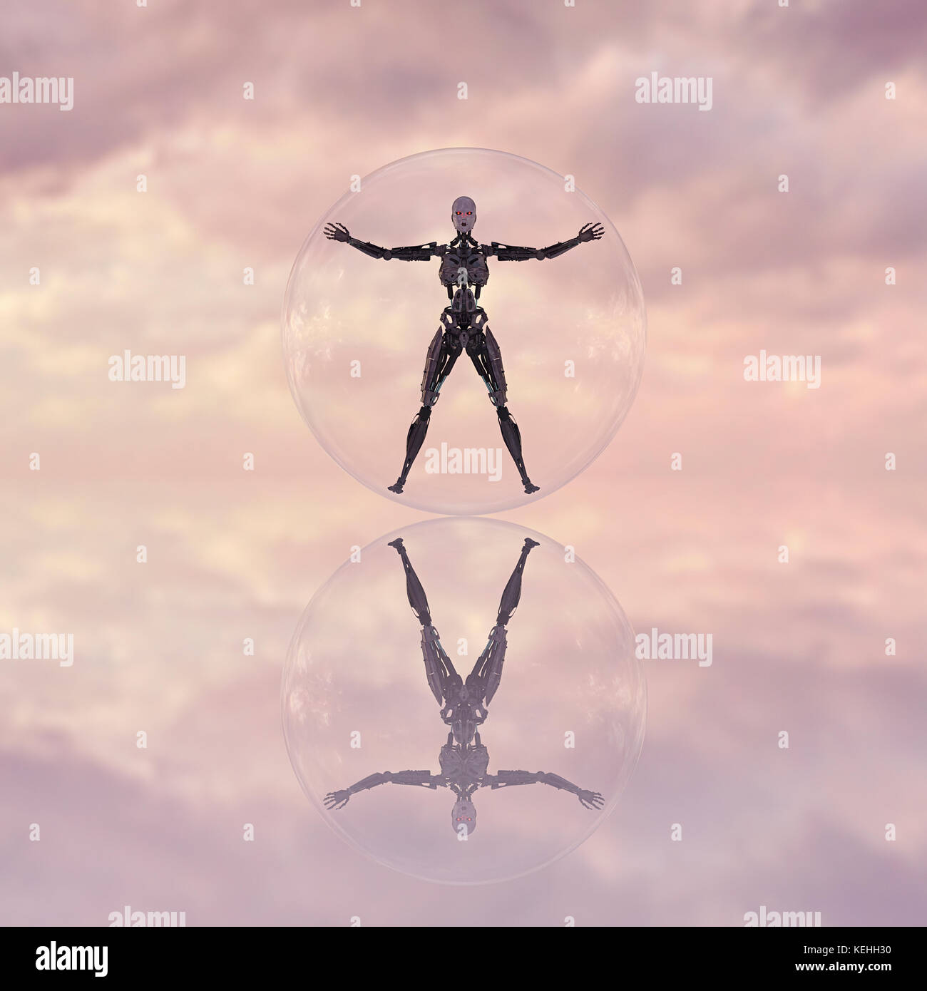 Roboter in transparenter Glaskugel Stockfoto