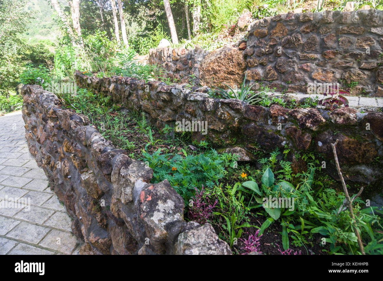 Garten Ideen Steinmauer und Gartenarbeit Stockfoto