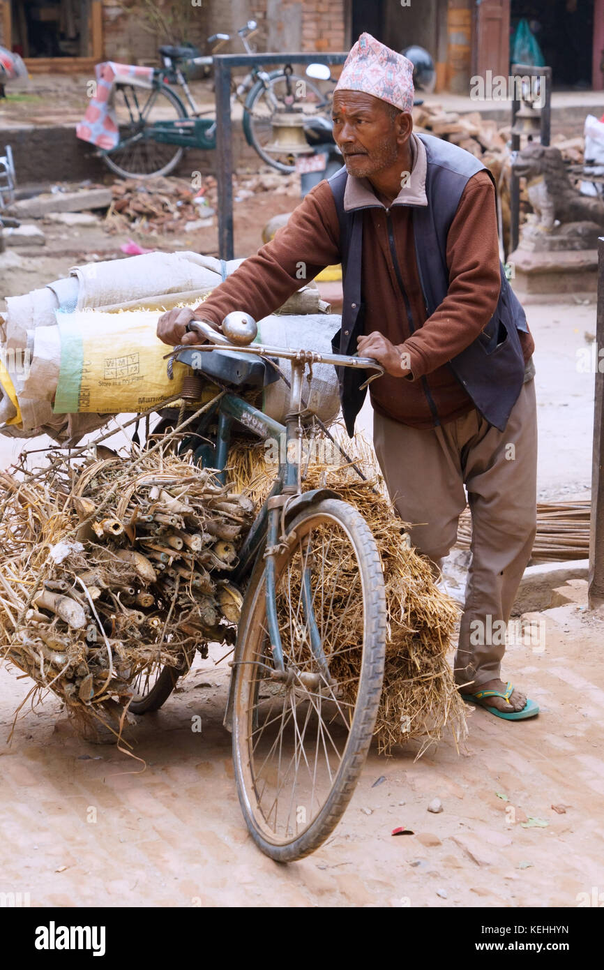 Nepalesischen mann Bambus die Stiele und Stroh auf seinem Fahrrad. Stockfoto