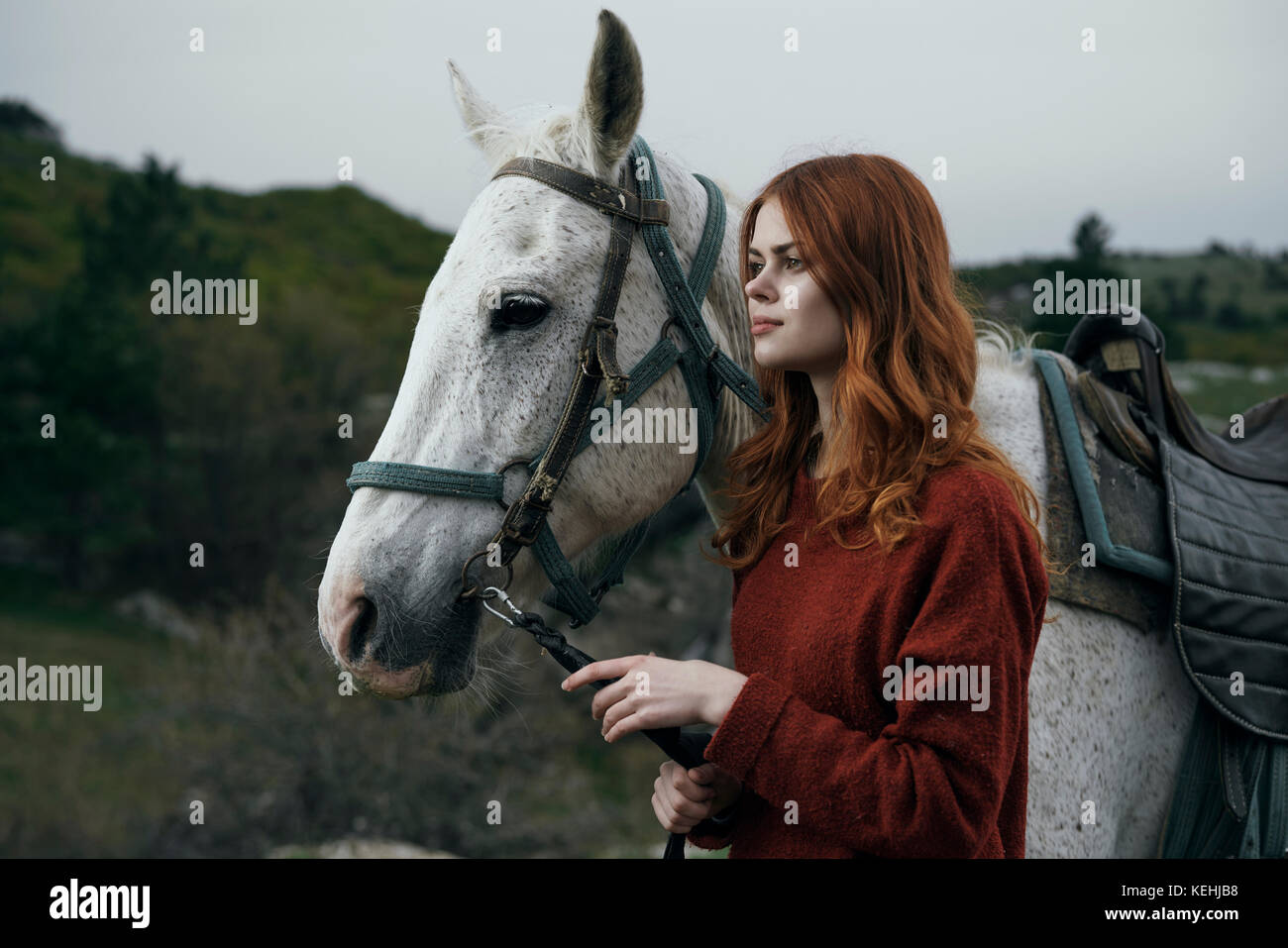Kaukasische Frau, die das Pferd in den Händen hält Stockfoto