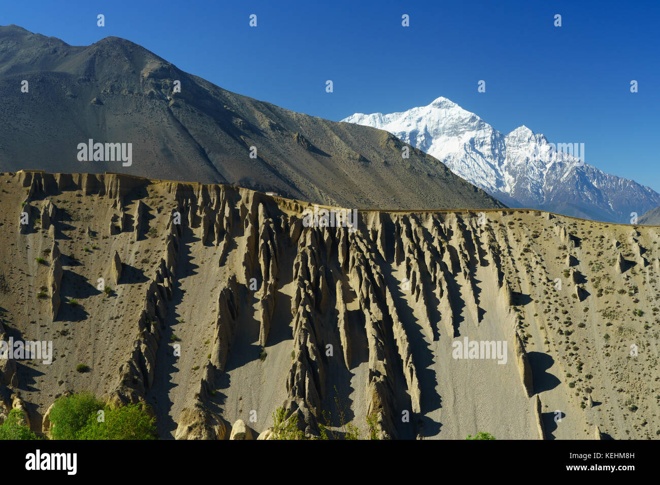 Spektakuläre wüstenhaft Landschaft in der Nähe von Kagbeni, Upper Mustang, Nepal. Nilgiri Peak im Hintergrund. Stockfoto