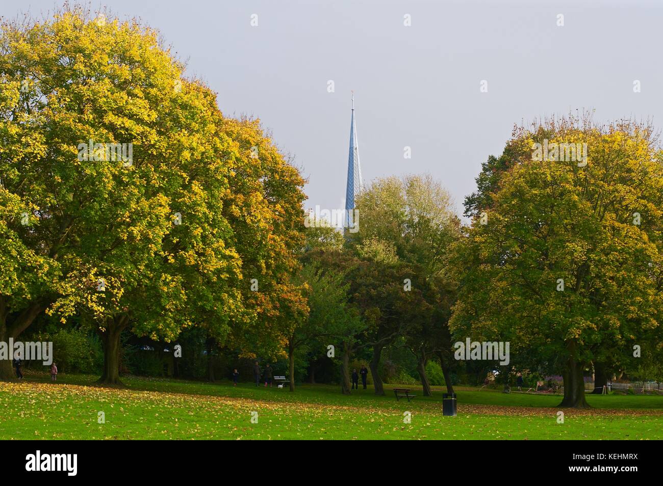 Turm der St. Maria Kirche über Bäume in gadebridge Park, Hemel Hempstead Stockfoto
