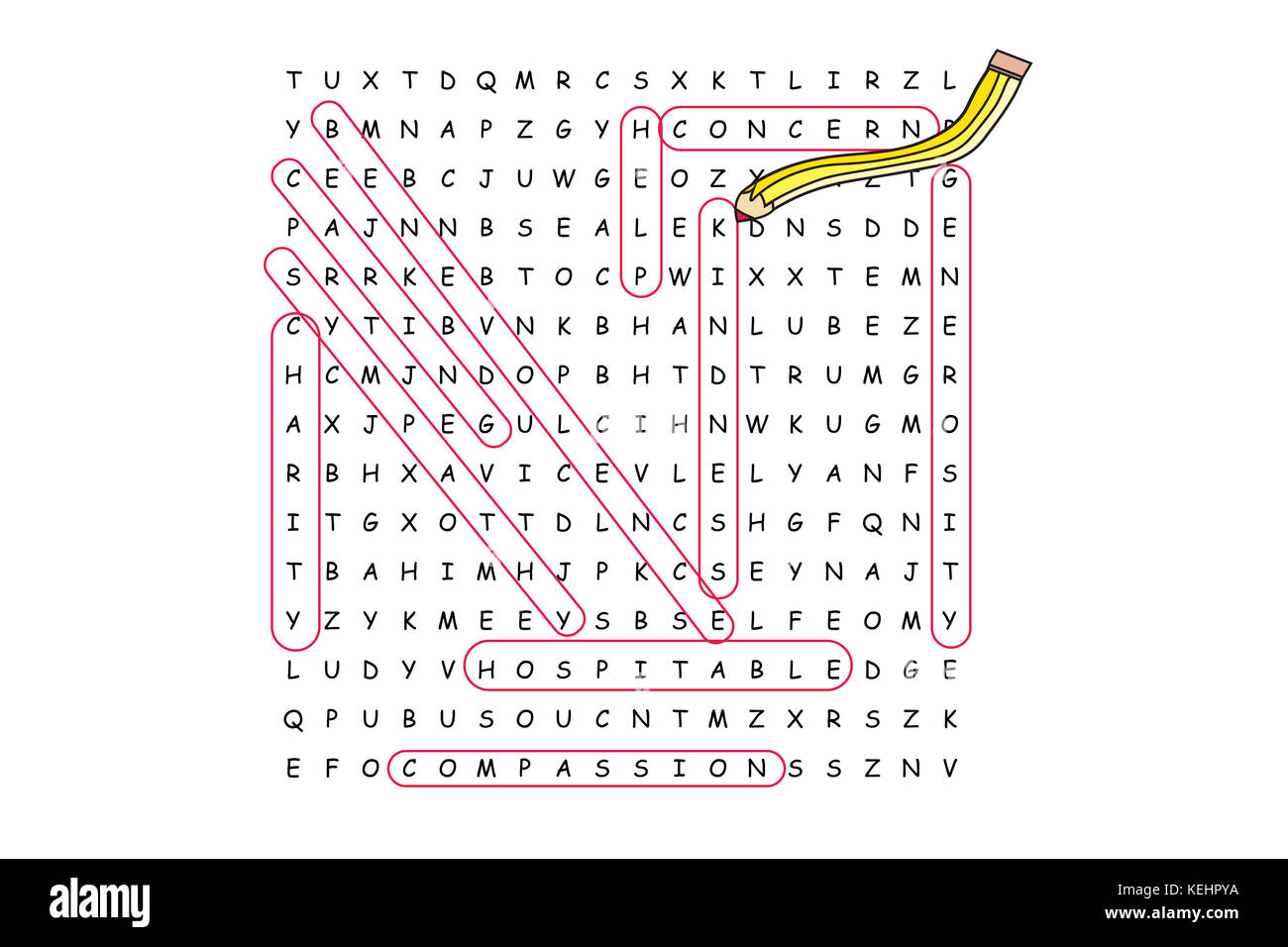 Word Search Puzzle mit Freundlichkeit und die damit verbundenen Wörter rot eingekreist mit Bleistift. Stockfoto