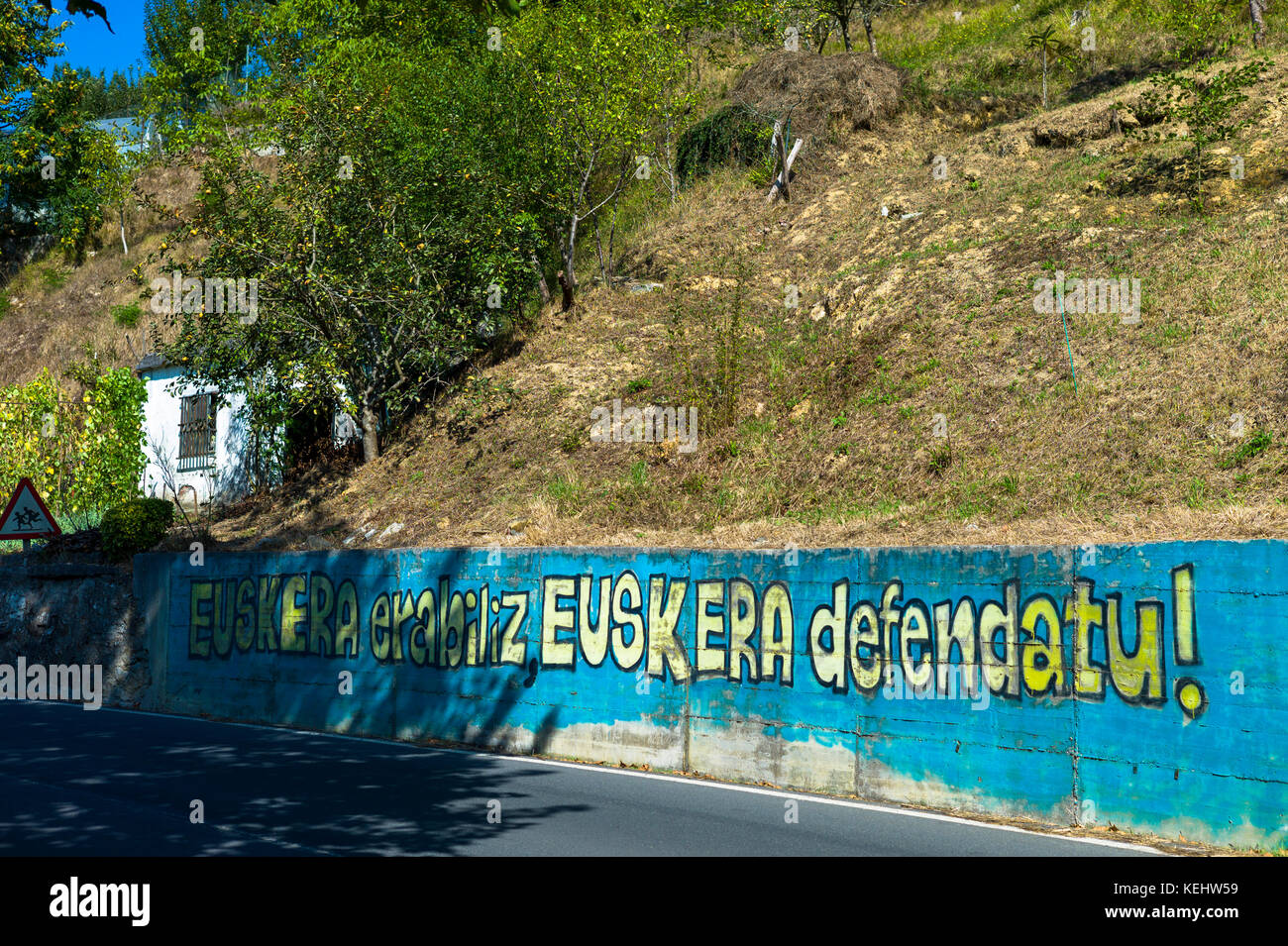 Baskische protest Banner in Biskaia Baskenland, Spanien Stockfoto