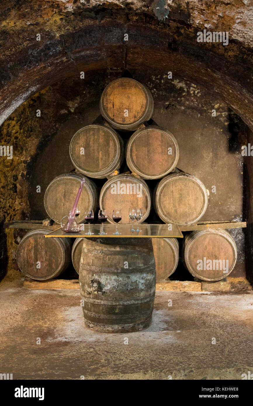 Eichenfässer des Rioja Weins, die in der Kellerei Carlos San Pedro Bodega in einem unterirdischen Keller von LaGuardia, Baskenland, Spanien, reifen Stockfoto