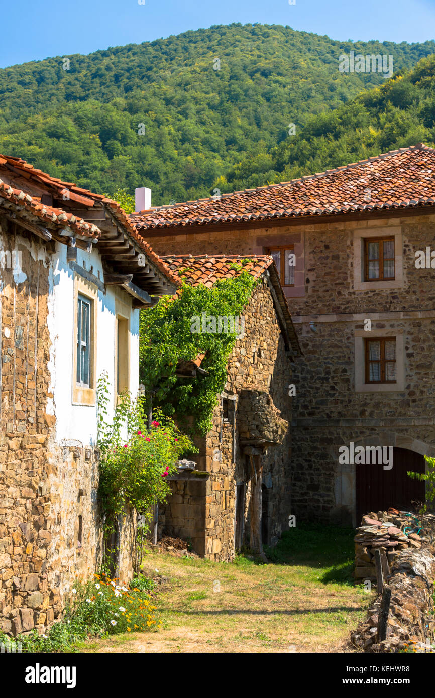 Bergdorf Somaniezo in Picos de Europa in Kantabrien, Nordspanien Stockfoto