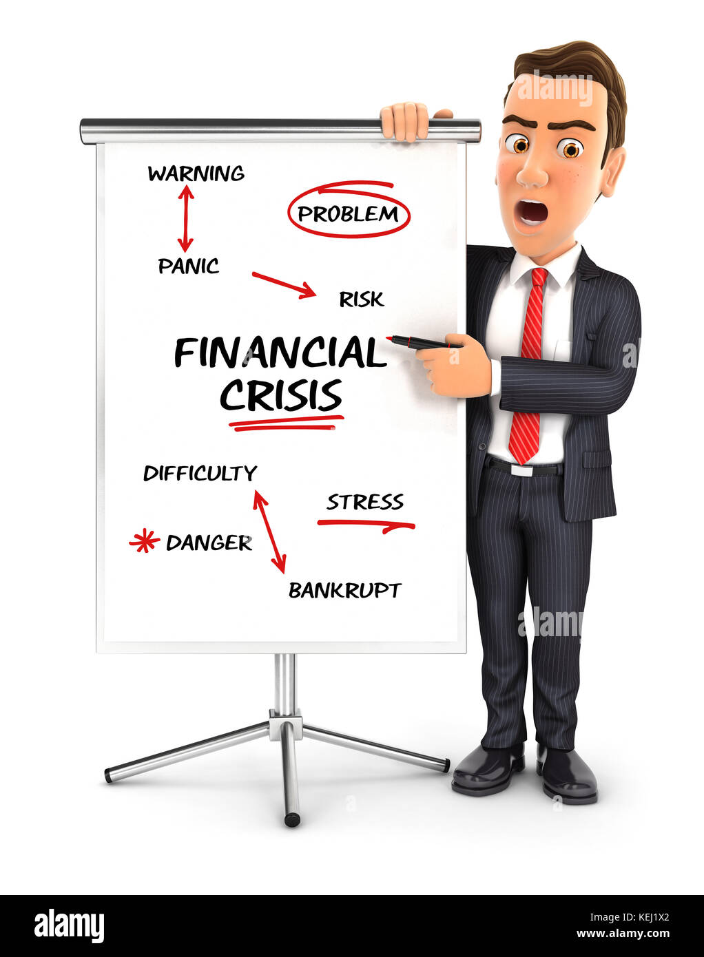 3d-Geschäftsmann schreiben Finanzkrise auf Pappe, Illustration mit isolierten weißen Hintergrund Stockfoto