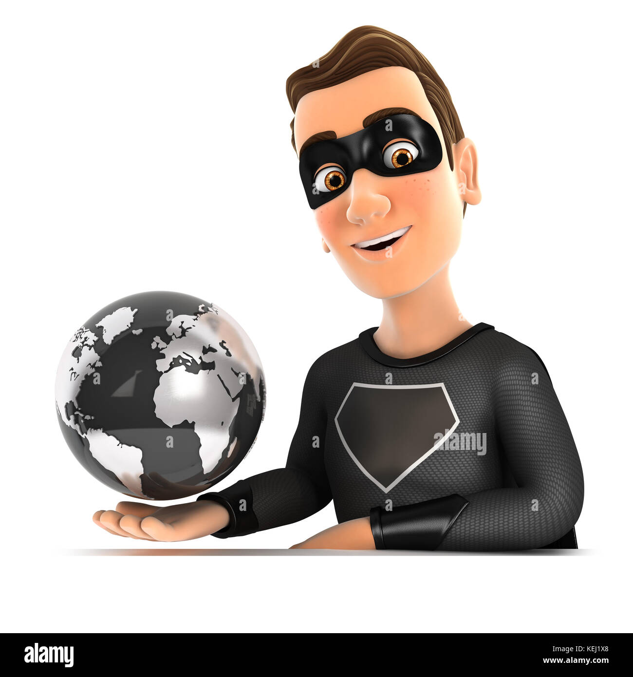 3d-schwarz Held präsentiert fliegende Erde, Illustration mit isolierten weißen Hintergrund Stockfoto