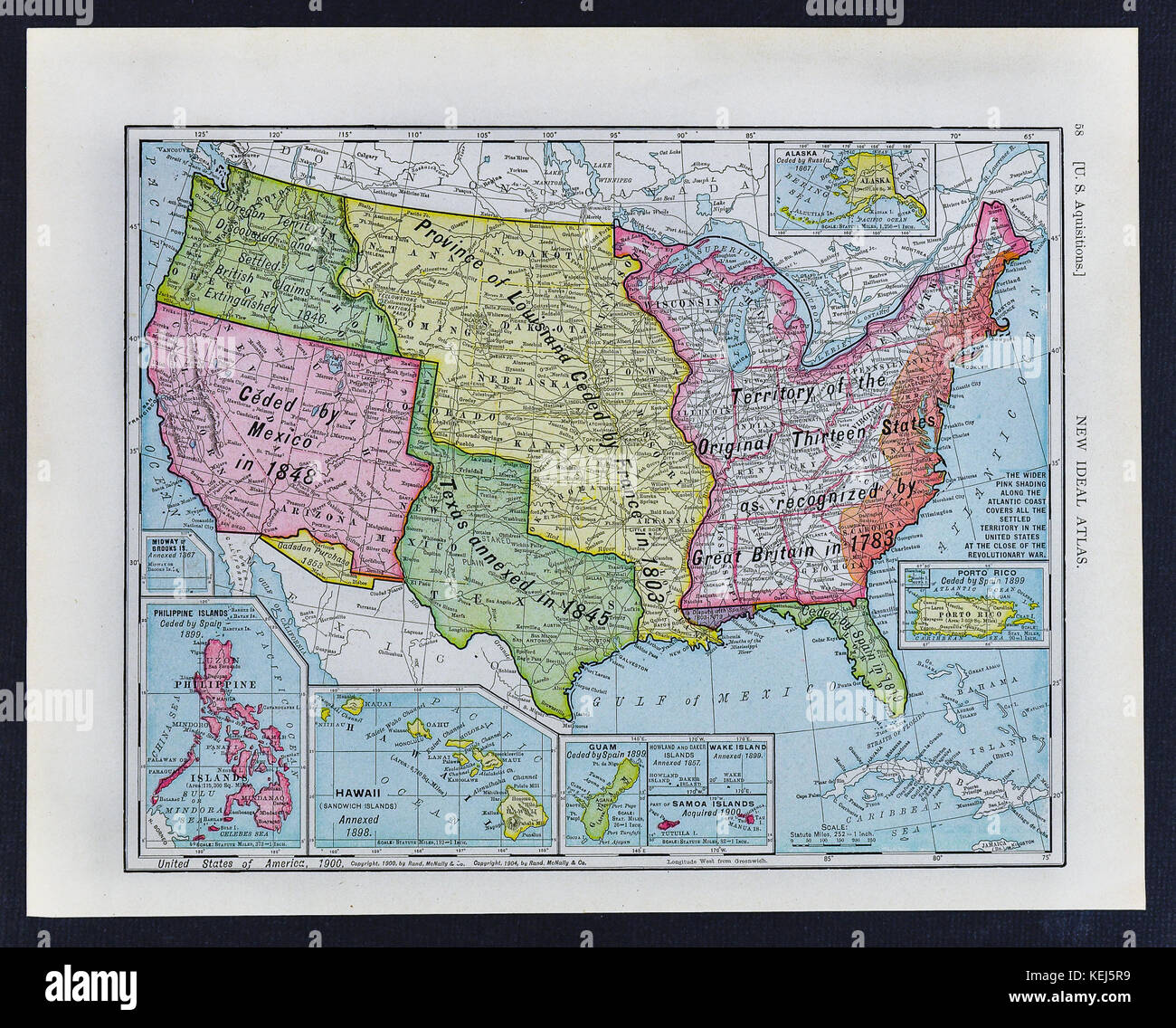 1911 McNally Antique Historical Map of the United States, die die verschiedenen Annexionen des Territoriums im Laufe der Jahre zeigt Stockfoto