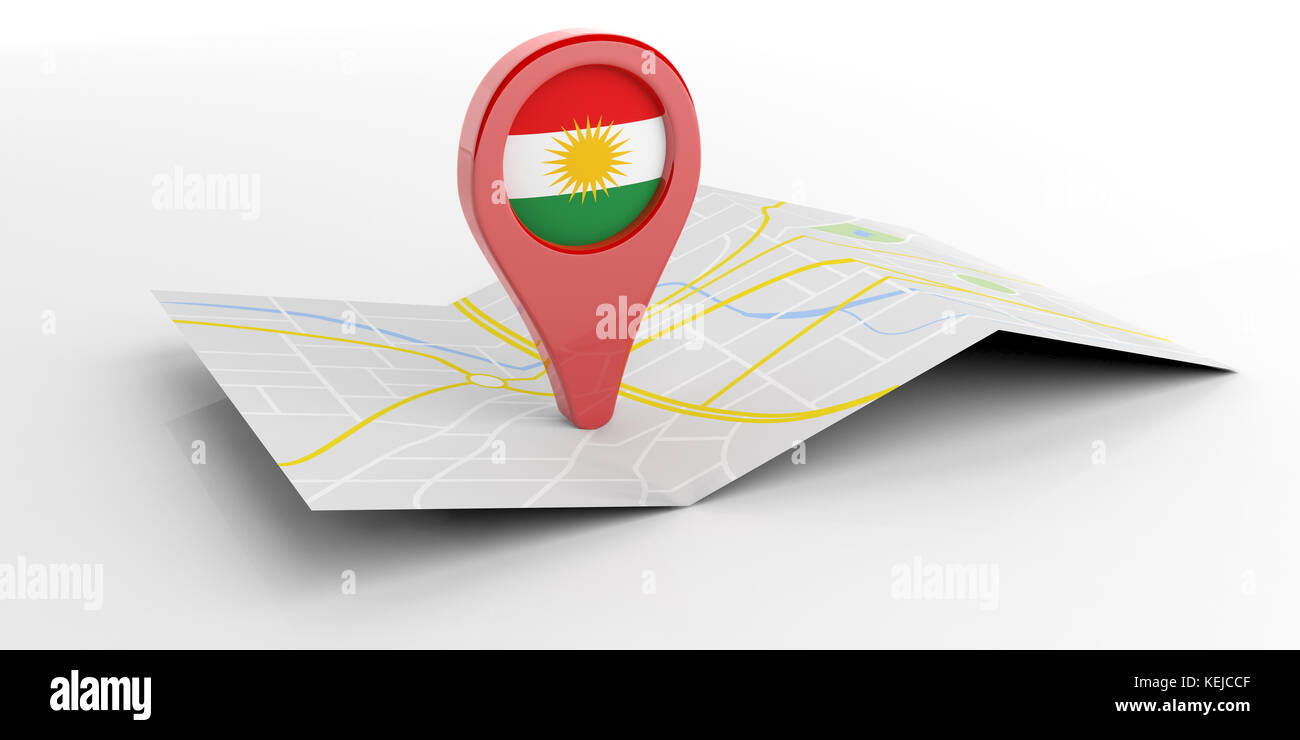 Ein roter Zeiger mit der Flagge von Kurdistan auf einer Karte. Weißer Hintergrund. 3D-Abbildung Stockfoto