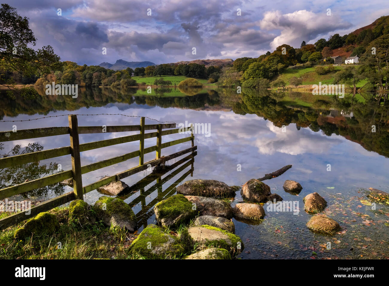 Loughrigg Tarn und Langdale Pikes im Herbst, Nationalpark Lake District, Cumbria, England, Großbritannien Stockfoto