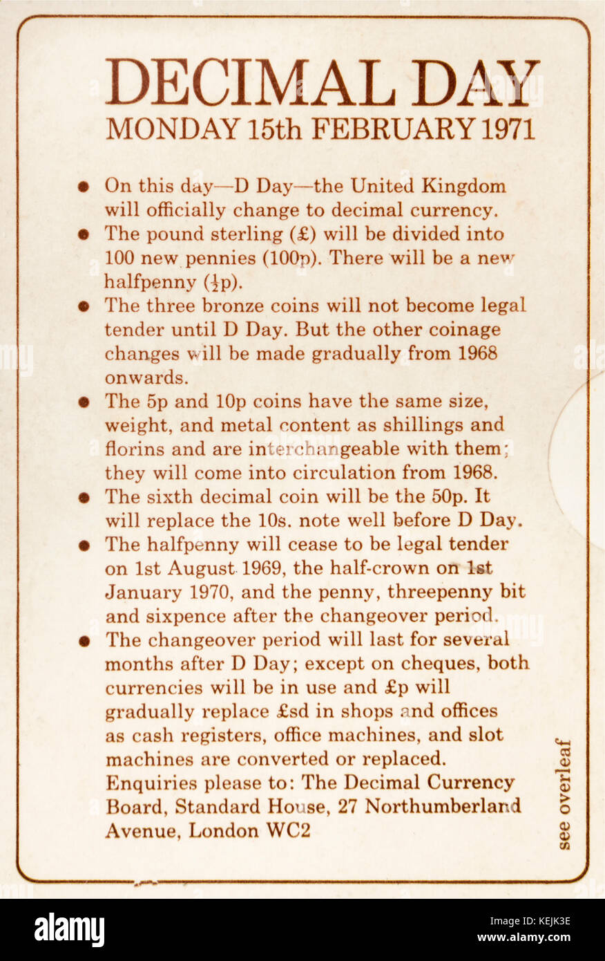 Merkblatt vom Dezimalsystem Board 1970, Bekanntgabe der Britischen Schalter auf das Dezimalsystem auf D-Tag (15. Februar 1971 Stockfoto