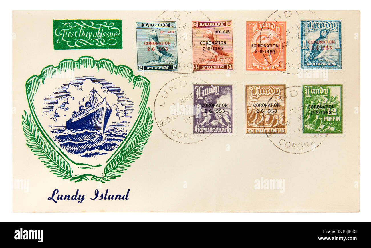 Briefmarken veröffentlicht und frankiert auf Lundy Island (England) auf der Krönung von Königin Elisabeth II., 2. Juni 1953, mit "God Save The Queen' Frankierung markieren Stockfoto