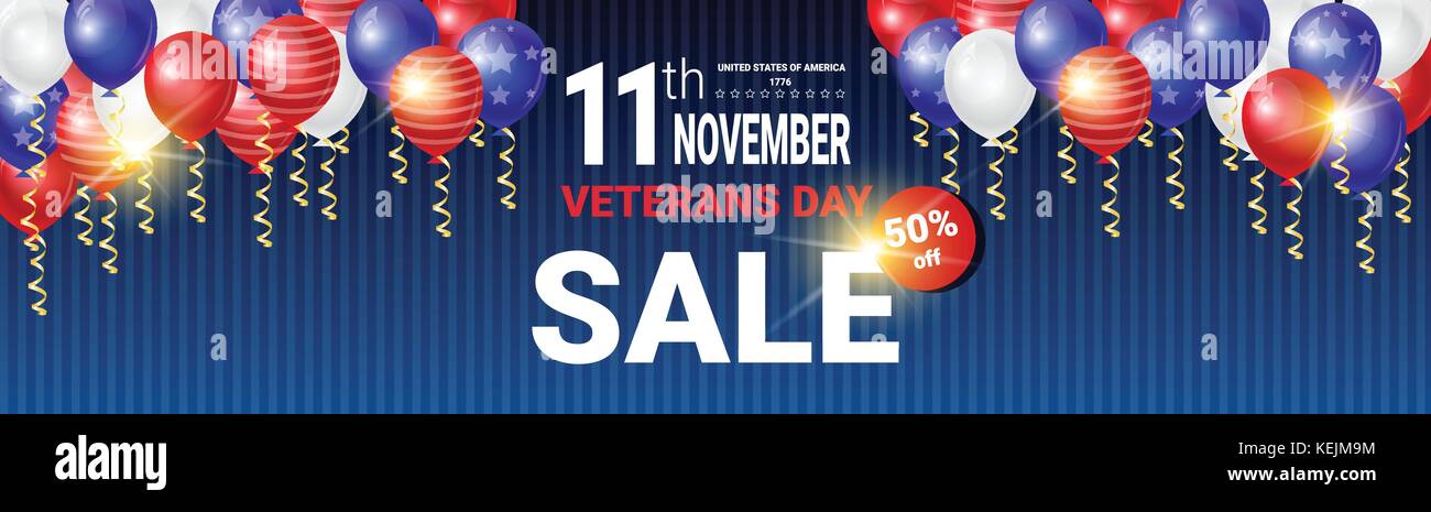 Horizontale Plakat mit Verkauf für Veteran tag Nachricht auf glänzende weiße, blaue und rote Luftballons Hintergrund, usa National Holiday Rabatte banner Stock Vektor