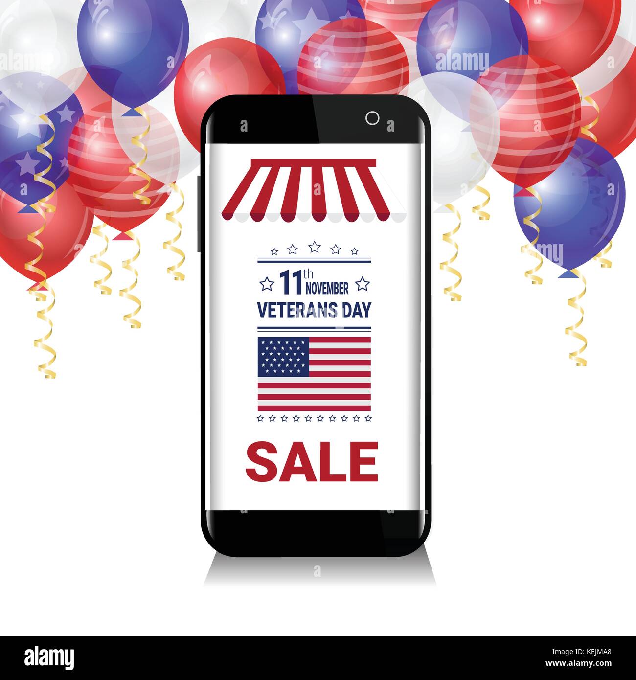 Smart Phone mit Verkauf für Veteran tag Nachricht über weiße, blaue und rote Luftballons auf Hintergrund, usa National Holiday Rabatte Poster Stock Vektor
