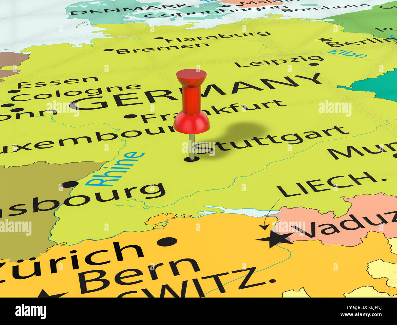 Pushpin auf Stuttgart Karte Hintergrund. 3D Abbildung. Stockfoto