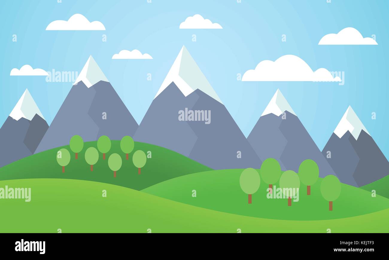 Vector Illustration einer Berglandschaft mit Bäumen und Gras mit Gipfel mit Schnee unter einem blauen Himmel mit Wolken - flache Bauform abgedeckt Stock Vektor