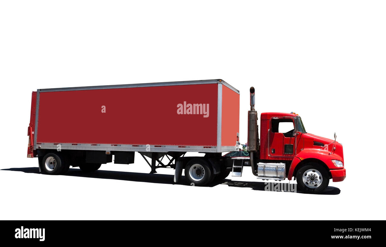 Red Semi Truck und Trailer isoliert. Stockfoto