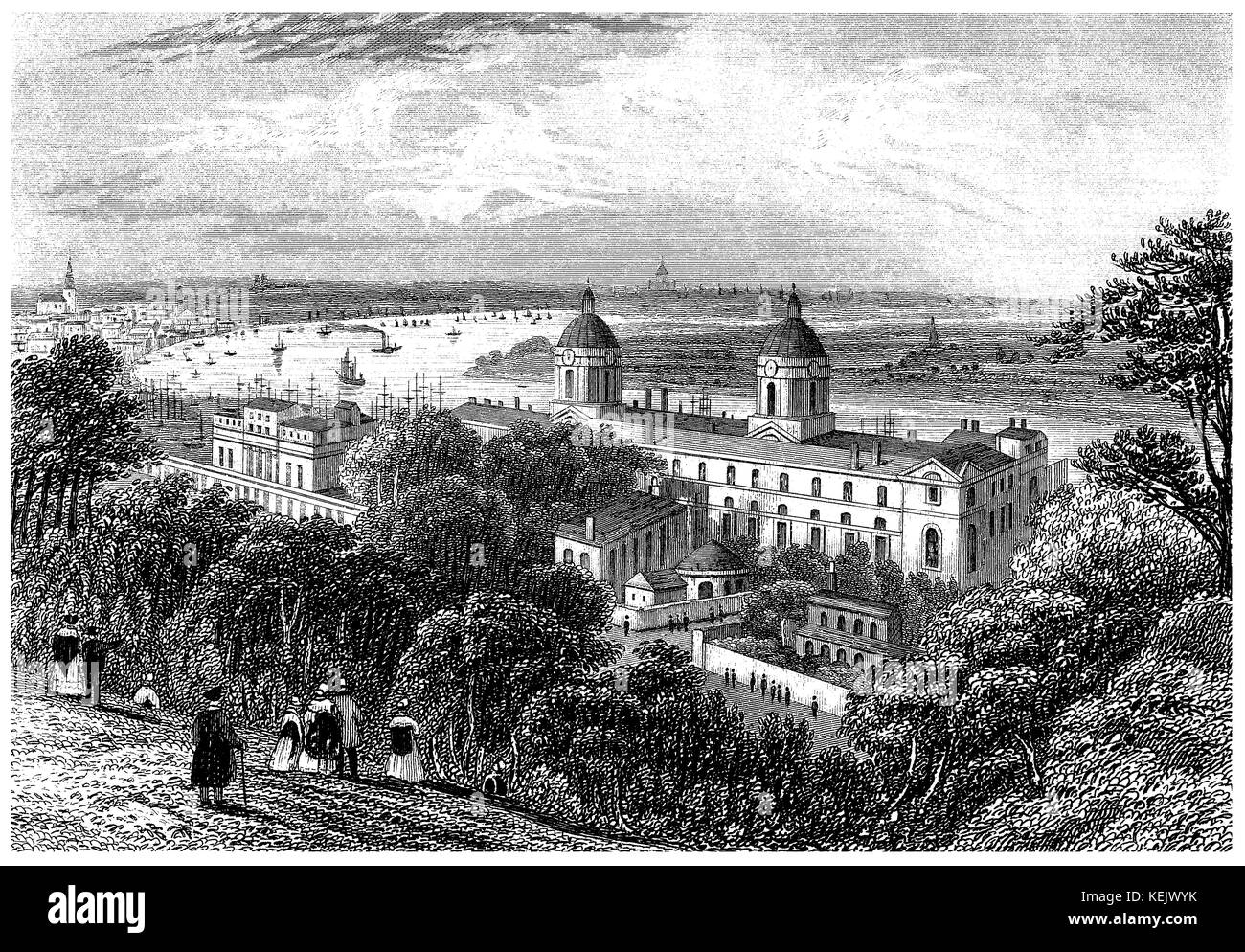 1853 Gravur der königlichen Krankenhaus für Seeleute in Greenwich (jetzt wie die alte Royal Naval College bezeichnet) von Greenwich Park, London. Stockfoto