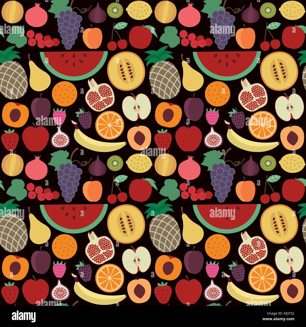 Vektor nahtlose Muster mit verschiedenen Früchten auf schwarzem Hintergrund. Stock Vektor