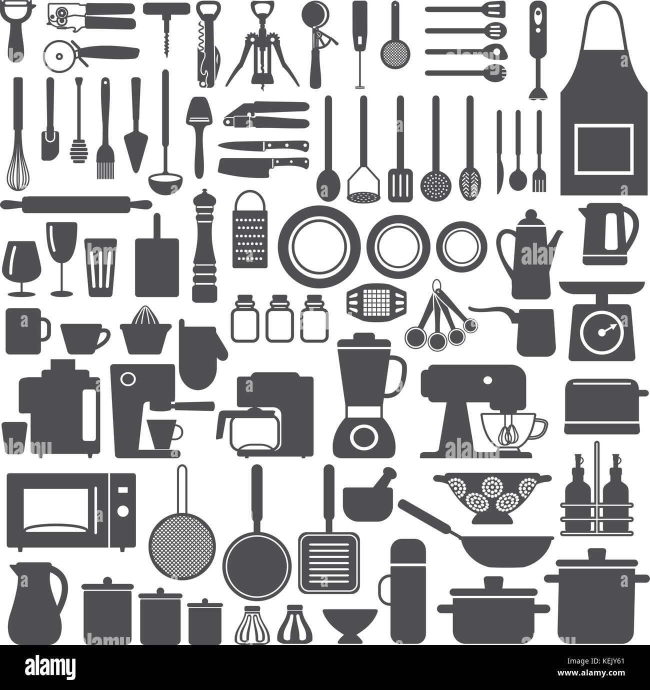 Verschiedenen Küchengeräten und Geräten Vektor silhouette Symbole gesetzt. Stock Vektor